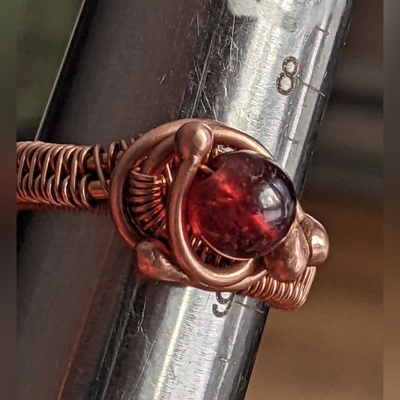 Handmade Garnet Ring Copper Wrapped Gemstone Unique Artistic Designer Jewelry - Picture 14 of 16